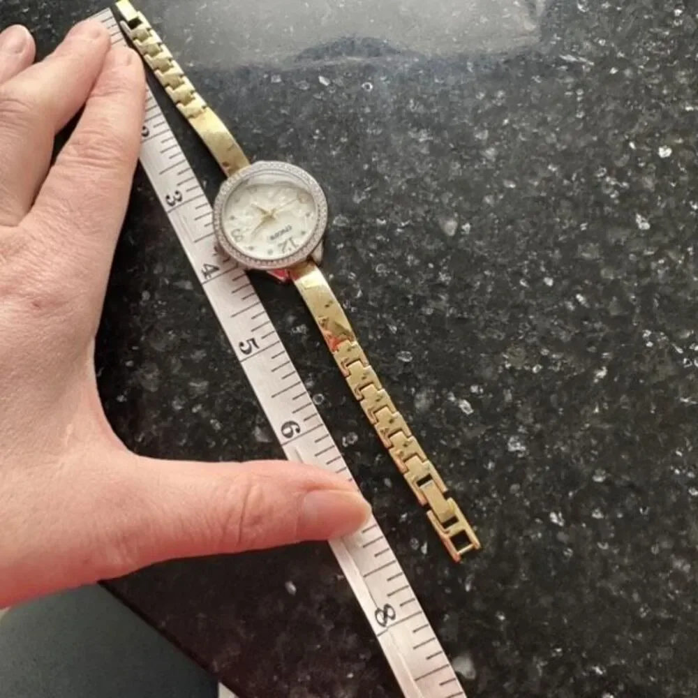 Chico’s Large Face Mother of Pearl Pave Rhinestone Goldtone Delicate‎ Band Watch